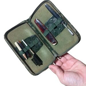 Revlon Vintage Cosmetic Makeup Travel Case Kit Green Ostrich Embossed Leather